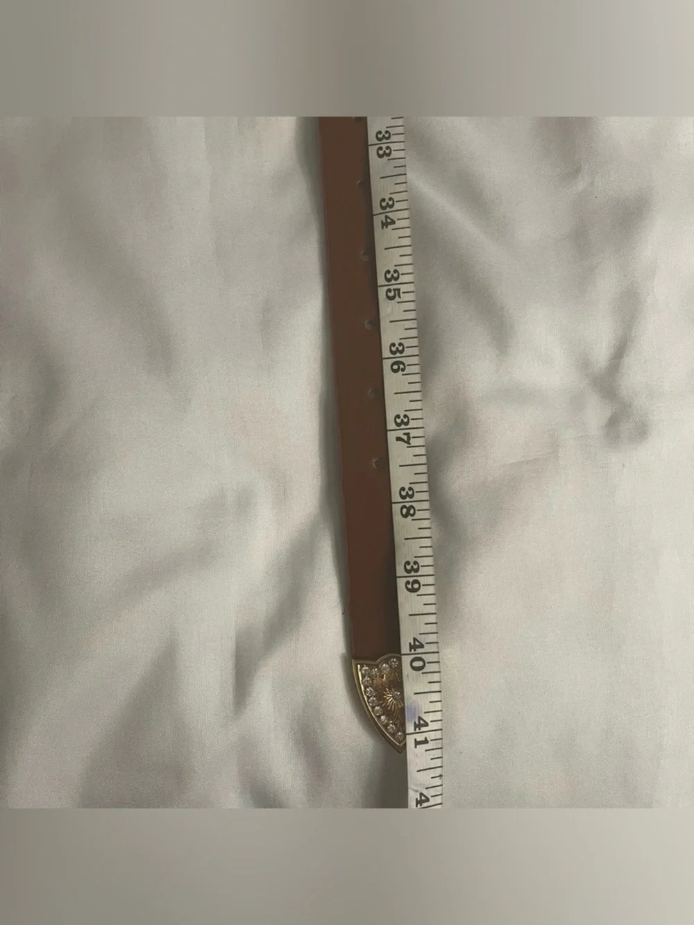 Brown PU leather gold tone buckle with rhinestones details western skinny belt